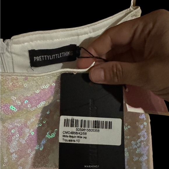 PrettyLittleThing: Iridescent, White, Sequin Wide Leg Trousers - Picture 2 of 5